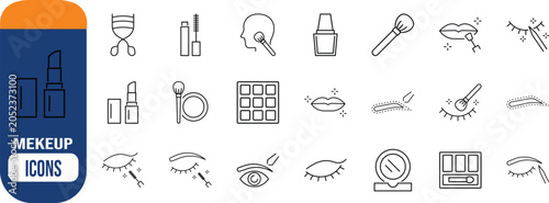 Makeup and beauty line art icons. mascara icon set, lipstick icon set, eyelashes icon set