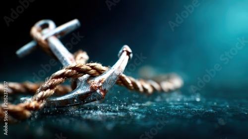 This image showcases a weathered metal anchor entwined in a rugged rope, evoking a sense of adventure and maritime exploration against a blurred background.