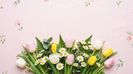 Spring Tulip and Daisy Bouquet on Textured Pastel Pink Background Panoramic Easter Mothers Day Floral Flat Lay Banner
