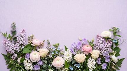 Spring Flower Border with Lilac and Ranunculus on Pastel Purple Background Panoramic Mothers Day Floral Flat Lay Banner