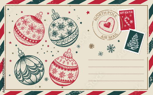 Vintage Christmas Postcard with Holiday Ornaments and Stamps	
