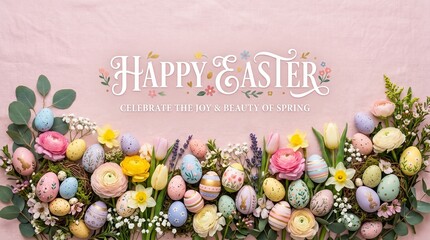 Happy Easter Elegant Banner with Colorful Painted Eggs Tulips and Spring Flowers on Pastel Pink Fabric Background