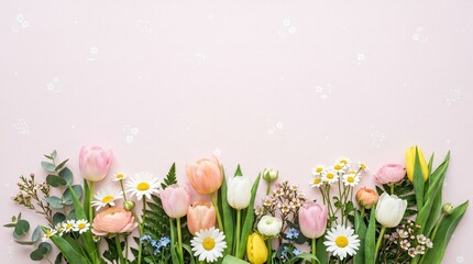 Beautiful Spring Tulips and Daisy Flowers Flat Lay Border Arrangement on Pastel Pink Background with Soft Bokeh