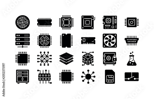 Electronic Module Symbols. Solid glyph icon set of microchip: semiconductor wafer, memory chip, graphics chip, circuit socket, logic board, sensor chip, data server, digital core, chip die, electronic