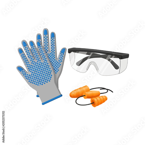 A set of protective work gear including gloves, safety glasses and earplugs