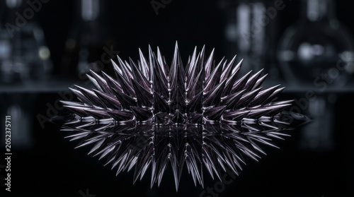 Ferrofluid liquid in a magnetic field forming sharp spikes on a reflective surface