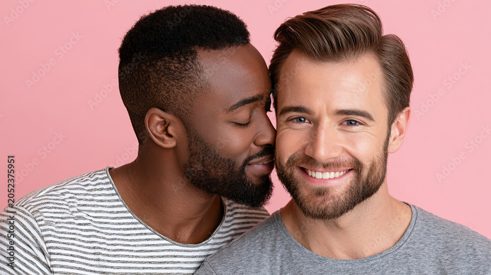 Obraz premium Warm embrace and joyful smiles from a loving against a soft pink backdrop during a bright afternoon