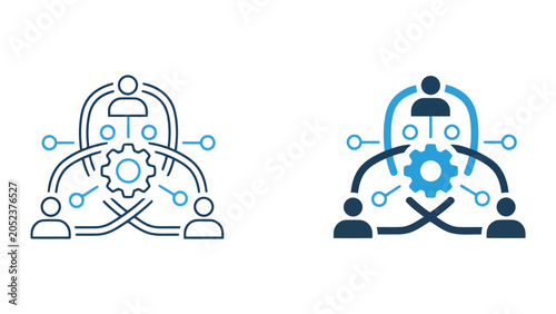 Network and team connectivity icon set featuring people linked by digital nodes and a central gear for technical collaboration and system integration processes