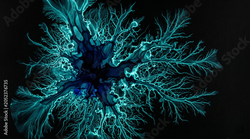 Abstract fluid art background with glowing cyan branching patterns on a deep black backdrop