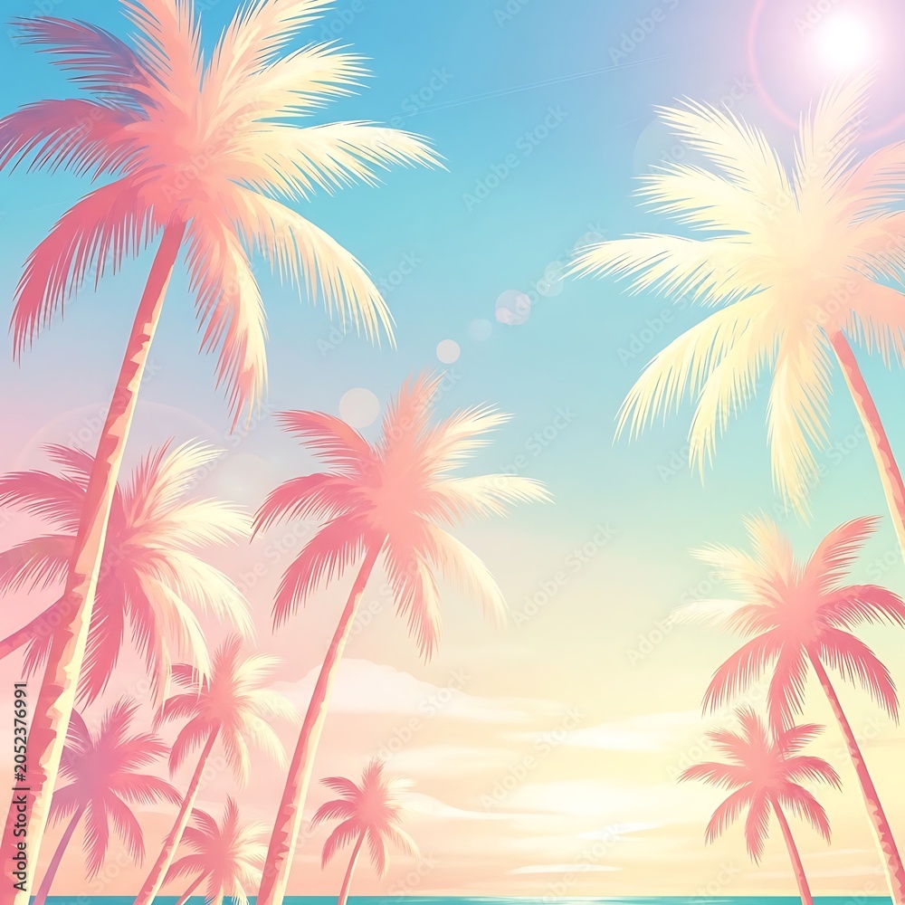 Obraz premium Vibrant illustration of palm trees bathed in colorful sunlight against a bright sky