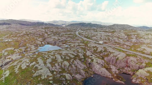 Aerial Drone Footage of White Camper Van Driving Through Norwegian Highlands