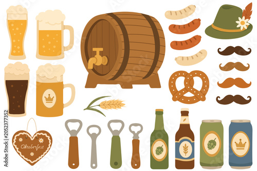 Принти на полотні Oktoberfest set featuring beer mugs wooden keg sausages pretzel alpine hat and b