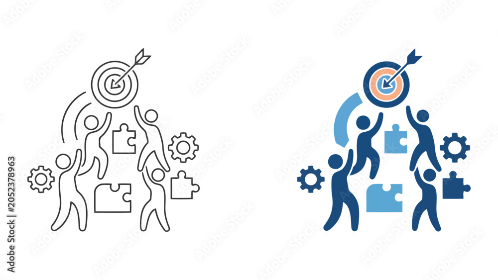 Fototapeta premium Business team hitting target with puzzle project alignment icon set showing goal achievement and collaborative effort for corporate sales strategy and effective team management and growth planning