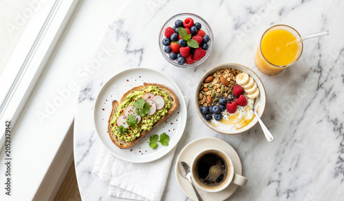 Healthy Breakfast Flat Lay on White Marble Table