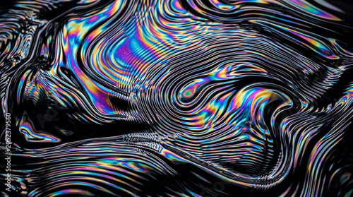 Abstract oil slick texture with iridescent rainbow colors on a dark liquid surface