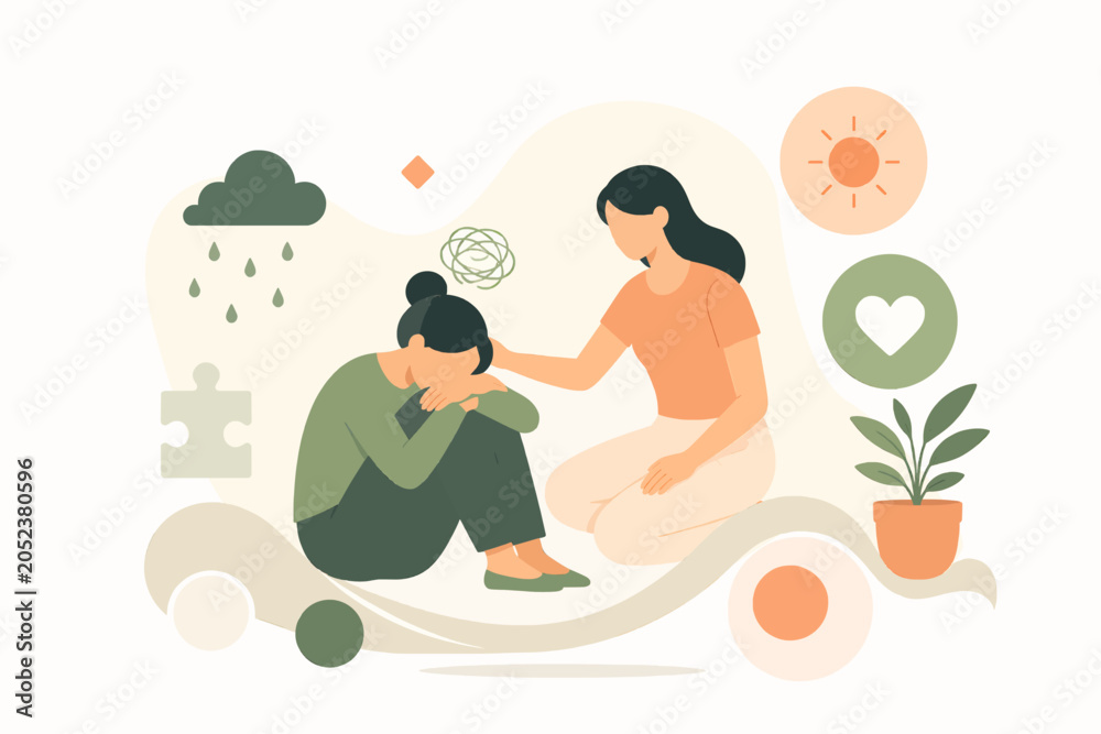 Obraz premium Burnout prevention and recovery support program, restoration and resilience concept, flat illustration