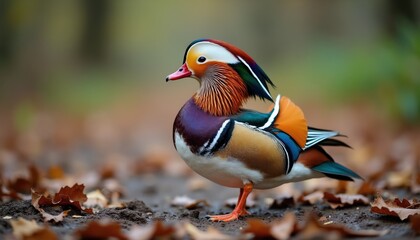 Male mandarin duck with vibrant colorful plumage stands on forest floor. Exotic bird with unique patterns displays iridescent feathers. Nature wildlife fauna avian beauty in autumn park.