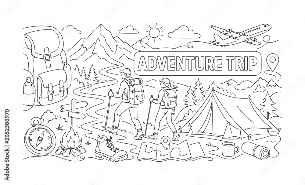 Obraz premium Adventure Travel Journey. Clean one-line drawing banner composition showing oversized mountain path and camping tent spanning all canvas edges, 2 travelers hiking through journey route and adventure