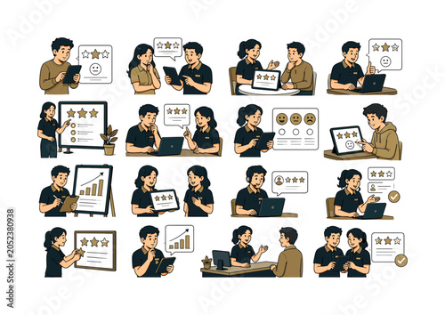 Three Star Experience collection of digital illustrations NOT icons NOT symbols, 12?20 character-driven small scenes of customers leaving reviews, service teams discussing three-star feedback,