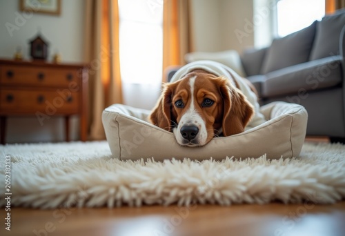 Beagle dog resting on a soft pet bed in a cozy living room with warm lighting, wooden furniture, and a plush rug on the floor