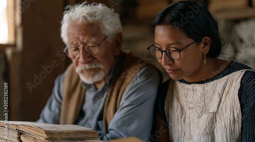 Elderly linguist with weathered notebooks sits beside a teenage indigenous student in a quiet rural schoolroom, both bent over handwritten vocabulary cards as the last fluent