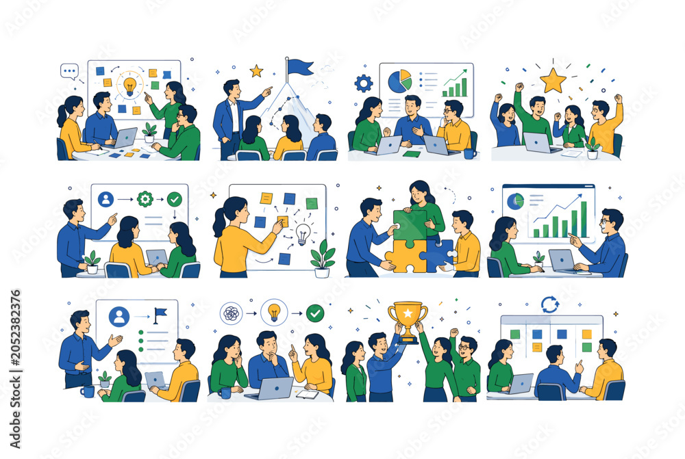 Fototapeta premium Teamwork Business Success. Team success, meeting, brainstorming, leadership, business management, startup culture, and collaboration. 12 minimalist editorial vector scenes: team brainstorms around