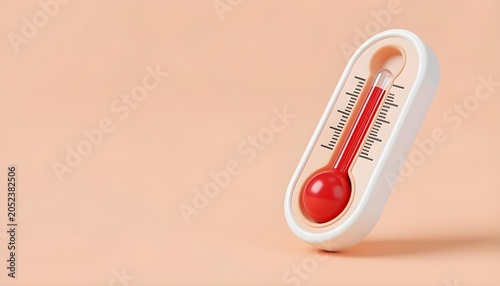 Close-up 3D render of a red liquid thermometer against a soft peach background