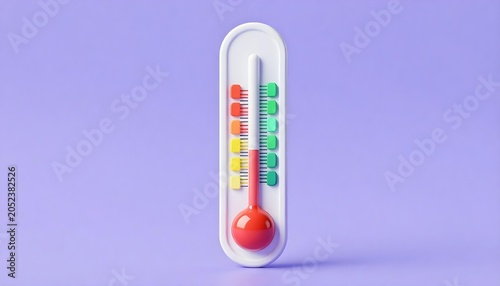A 3D render of a thermometer with a red bulb showing a moderate temperature reading