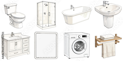 Bathroom Fixtures Collection Vector Set with Toilet Sink Bathtub Shower Vanity Mirror Washing Machine and Towel Rack