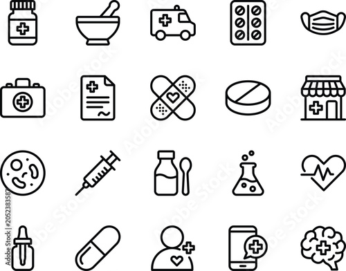 Medical and Healthcare Line Icon Set for Pharmacy and Hospital