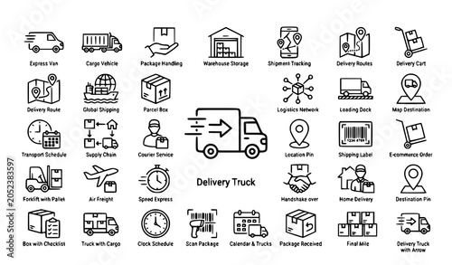 Foto Courier Service and Road Transport Outline Icons Delivery Logistics Vector Set
