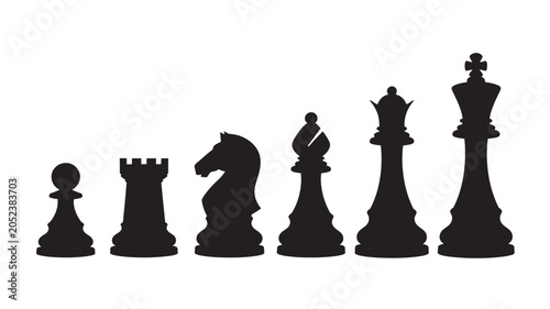 Foto Chess Pieces Silhouettes in Black with King, Queen, Bishop, Knight, Rook, and Pa