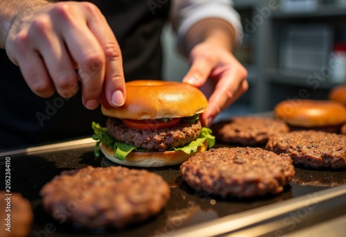 Chef assembling a hamburger with lettuce and tomato on a grill, several cooked patties visible in the foreground and a kitchen setting in the background