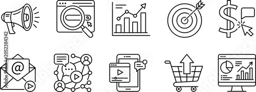 Set of digital marketing and business icons, including seo, social media, analytics, and ecommerce symbols