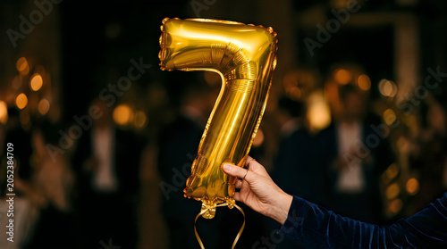 Hand holding gold balloon number 7