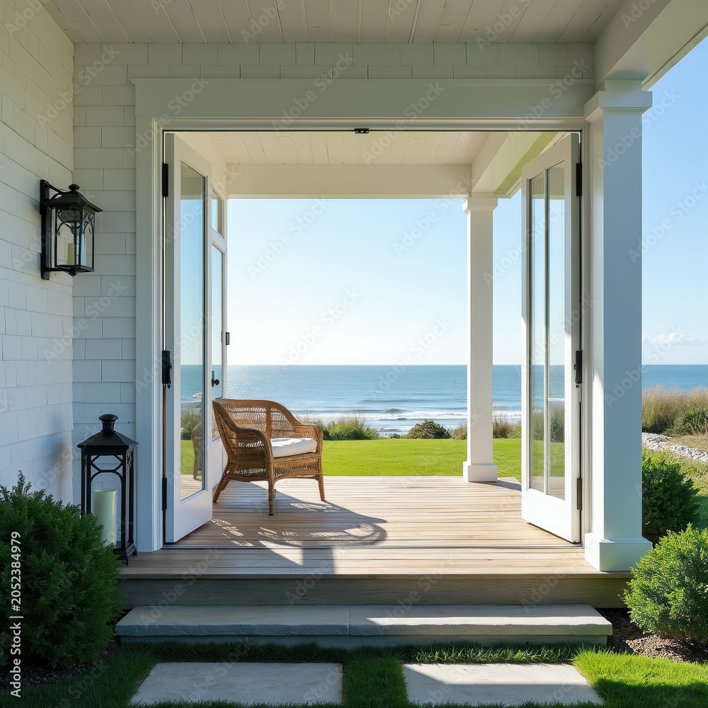 Naklejka premium Open french doors reveal wicker chair on wooden deck porch. Sea view with green grass lawn and bright sunny sky. Coastal house exterior with classic lanterns and white paint.