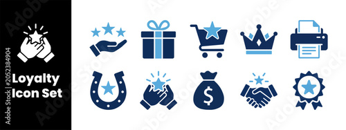 Loyalty Icon Set – Blue Solid Glyph Symbols for Reward, Gift, Crown, Handshake, Money Flat Vector Illustration