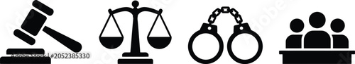 Photos Justice, and law icon set, gavel scales of justice and handcuff symbols for lega