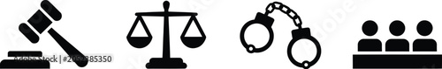 Fotografie Law, icon set, justice scales gavel and handcuff symbols for attorneys courts le