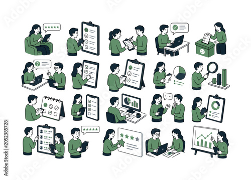 Survey Feedback Series collection of digital illustrations NOT icons NOT symbols, 12?20 character-driven small scenes of people answering surveys, collecting opinions, reviewing satisfaction, holding