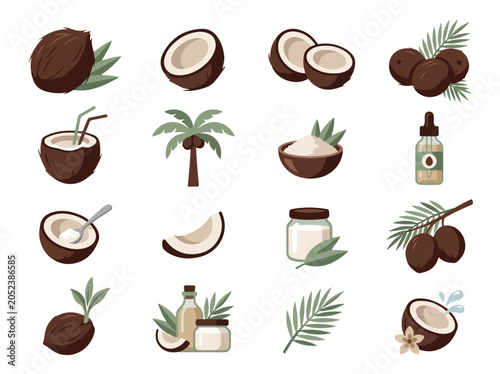 Flat vector icons of coconuts
