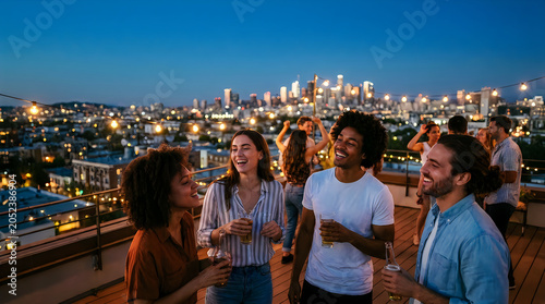 Friends celebrating on rooftop fourth of july america cityscape party
