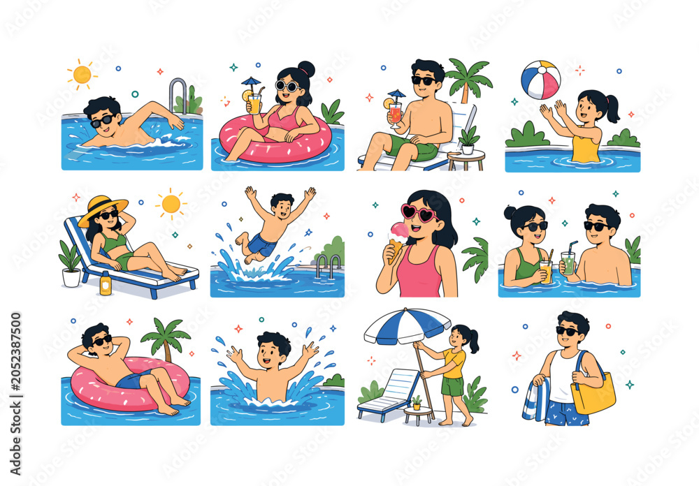 Fototapeta premium Pool Party Leisure. Summer relaxation and fun scenes. 12 minimalist editorial vector scenes: person swimming in pool, floating on inflatable ring, drinking cocktail by poolside, playing with beach