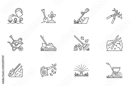 Foto Set of gardening and lawn care maintenance line icons including lawn mower, rake