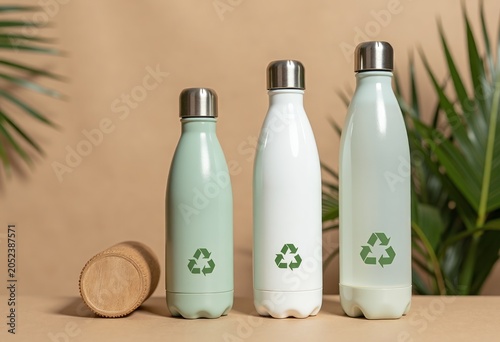 Three reusable water bottles in green, white, and gray with recycling symbols displayed on a wooden surface against a neutral background with tropical leaves