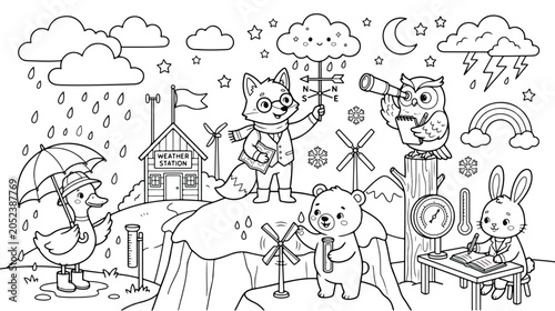 Quadro su tela Cute animal weather station coloring page, educational meteorology vector illust