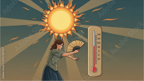 Woman fanning herself under hot sun with thermometer showing high temperature outdoors