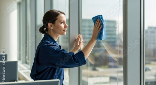 Female janitor performs window cleaning, wiping glass panes in modern office. Worker ensures sparkling window cleaning, using microfiber cloth for streak free finish.