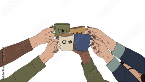 Fotografía People clinking coffee cups together in friendly social gathering