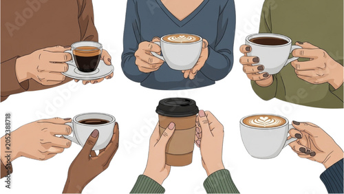 Bild auf Leinwand Friends gathering with hands holding coffee cups in casual meeting